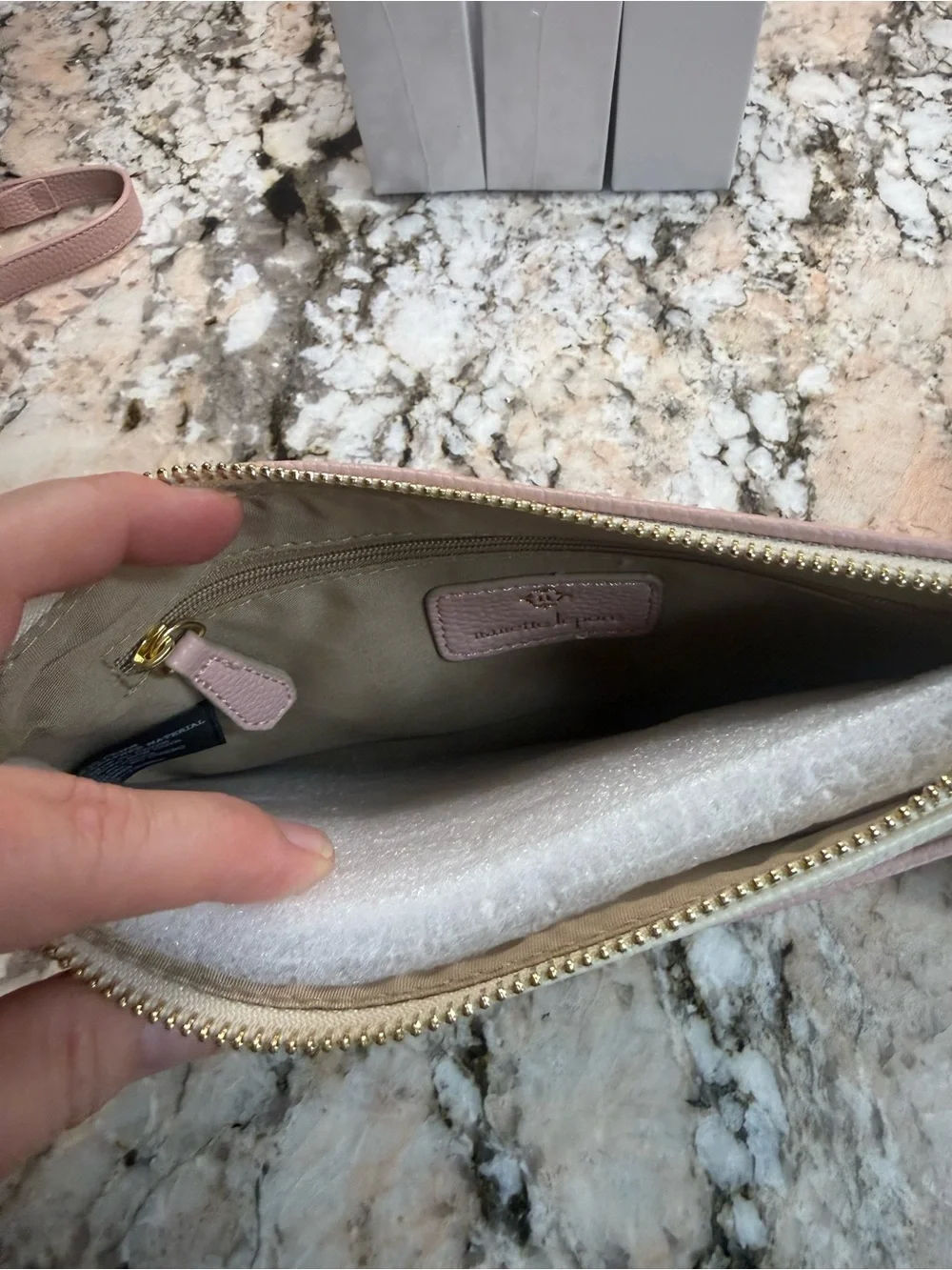Nanette Lepore Pink and Cream Leather Wristlet with Removable Gold Cross Chain